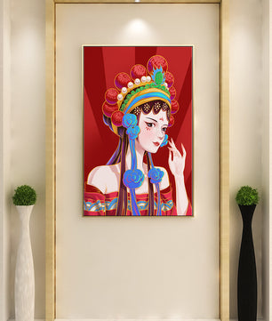 Traditional Asian art depicting stylized woman with ornate headdress