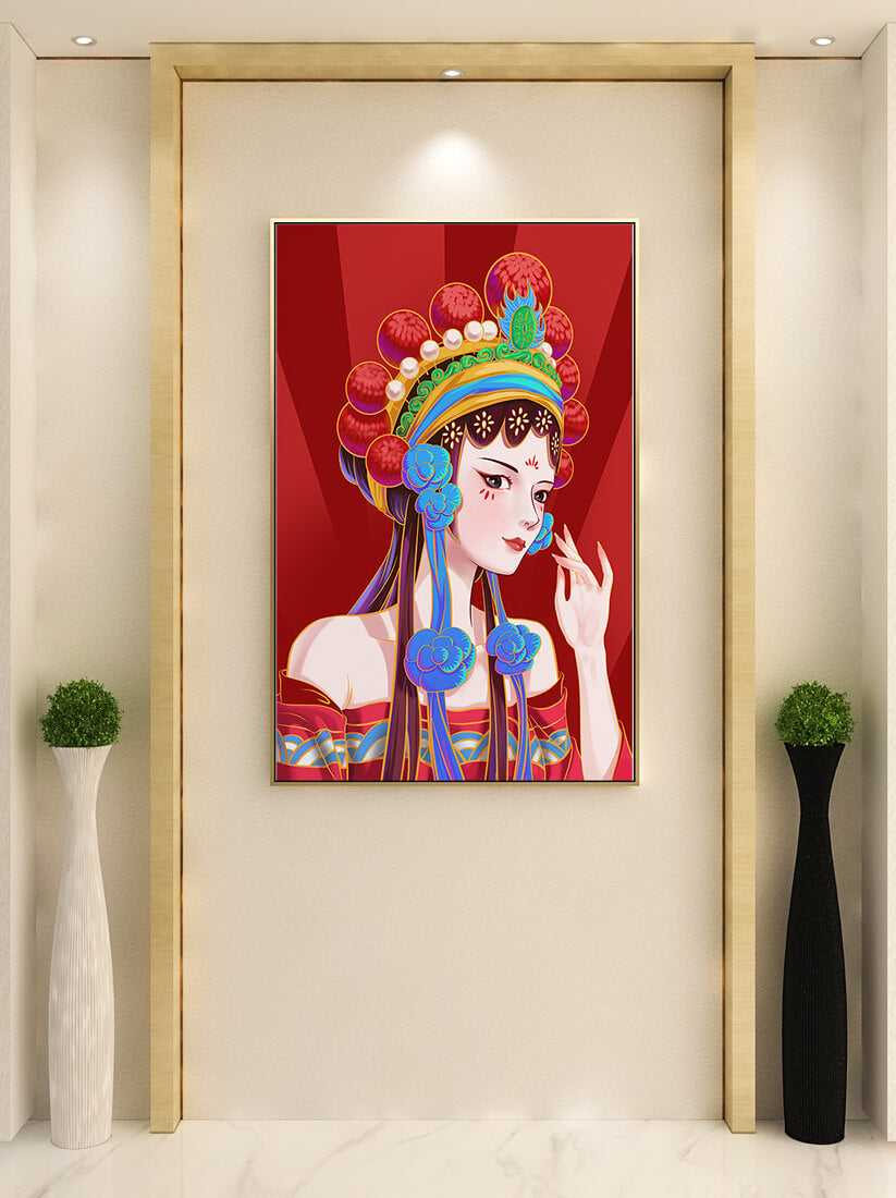 Traditional Asian art depicting stylized woman with ornate headdress
