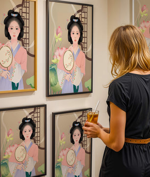 Elegant traditional Asian woman in pastel attire with floral background
