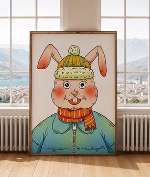 Charmantes Cartoon-Häschen mit Winteroutfit und verspieltem Ausdruck