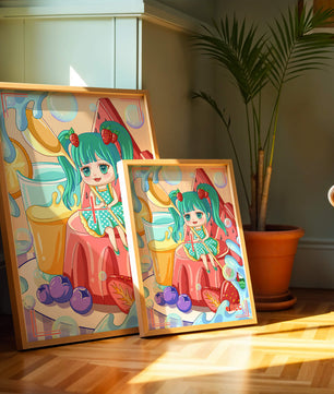 Scène de dessert fantaisiste avec un personnage mignon et des couleurs vives