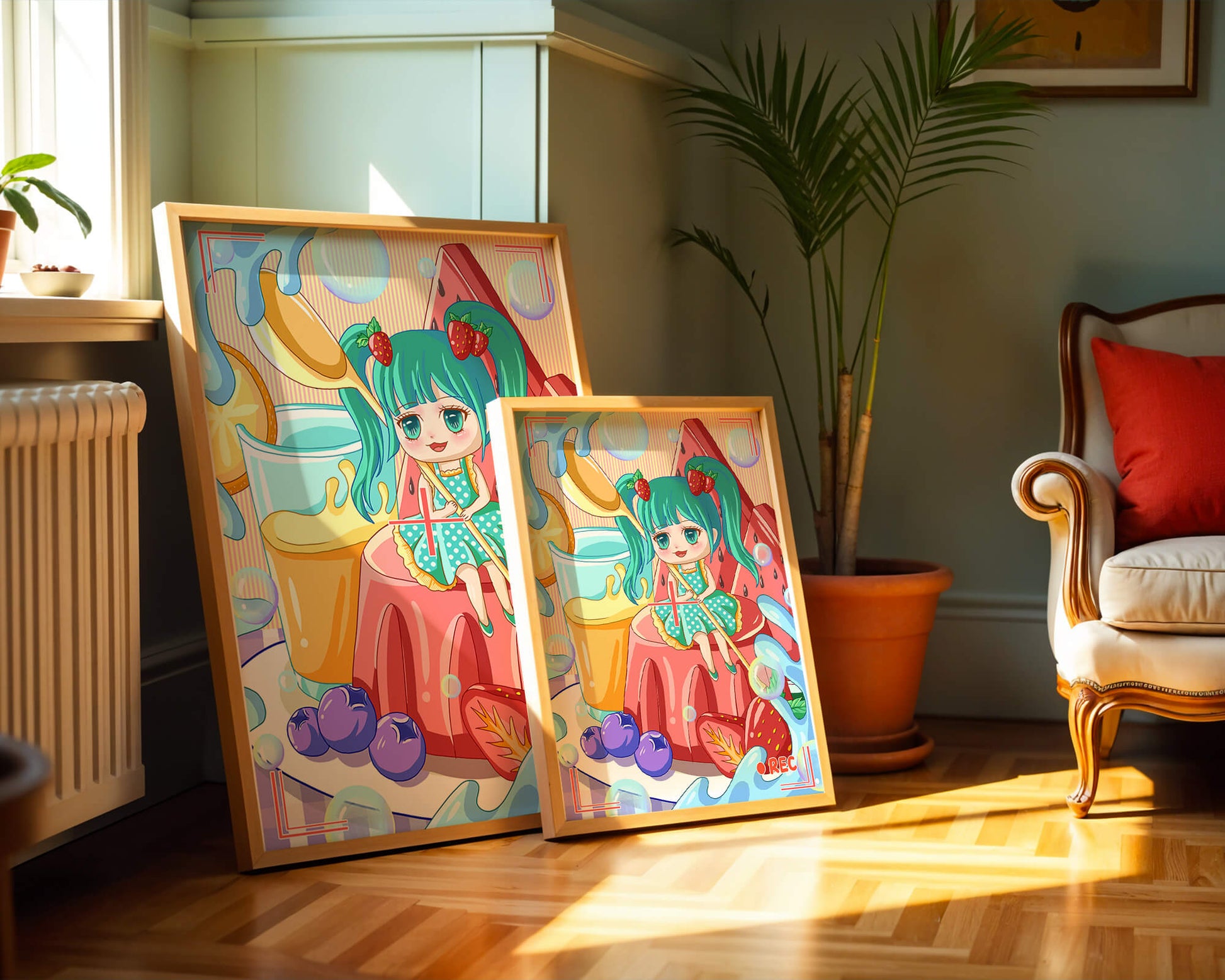 Whimsical dessert scene with cute character and vibrant colors
