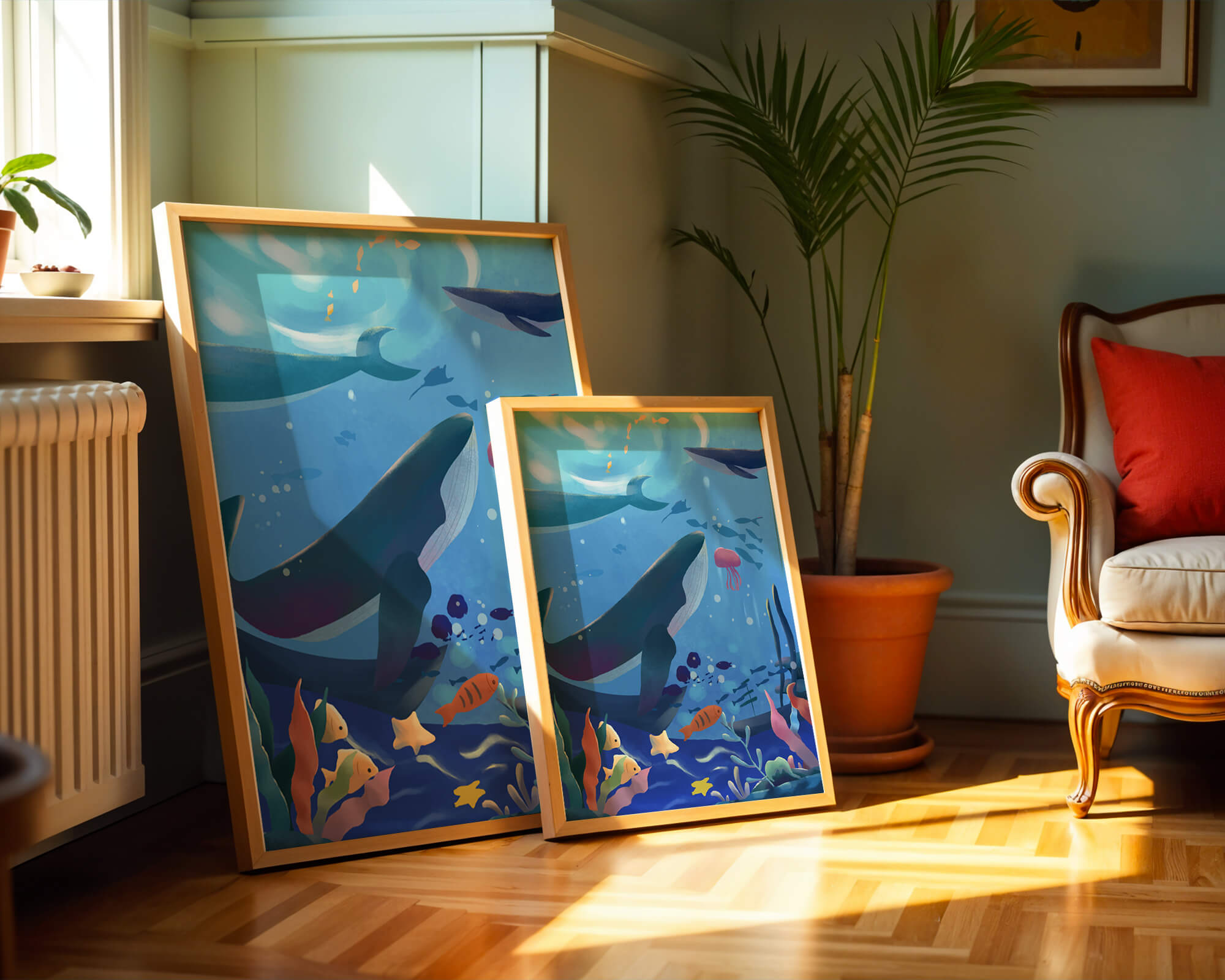 Underwater scene with whales, fish, and coral reef