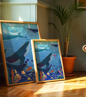 Underwater scene with whales, fish, and coral reef
