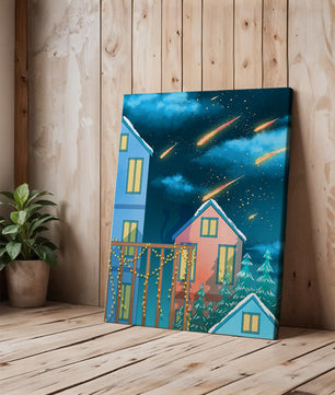 Winter Night Scene with Falling Meteors and Snow-Covered Houses