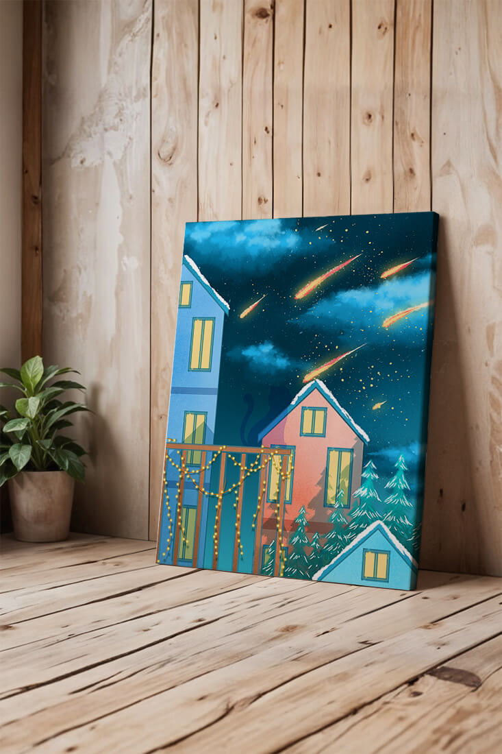 Winter Night Scene with Falling Meteors and Snow-Covered Houses
