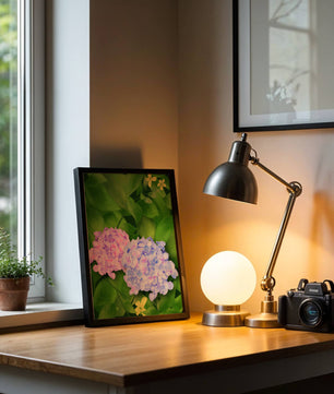 Delicate hydrangeas with lush green leaves in a vibrant botanical scene
