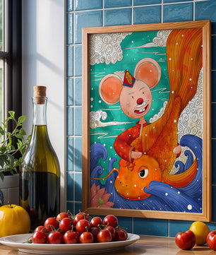 Whimsical illustration of a mouse riding a golden fish in a vibrant fantasy setting