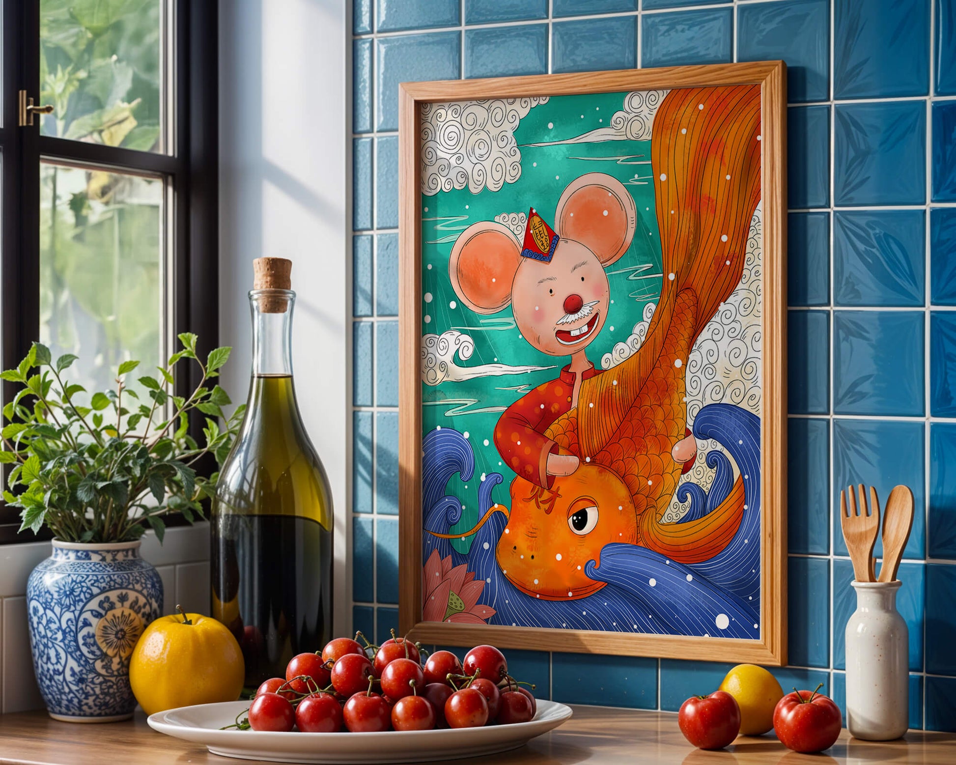 Whimsical illustration of a mouse riding a golden fish in a vibrant fantasy setting