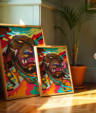 Cabeza de león abstracta y colorida con remolinos vibrantes