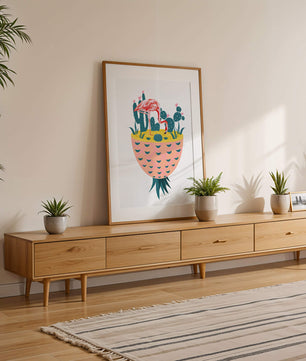Ilustración de flamenco con cactus en jarrón de piña