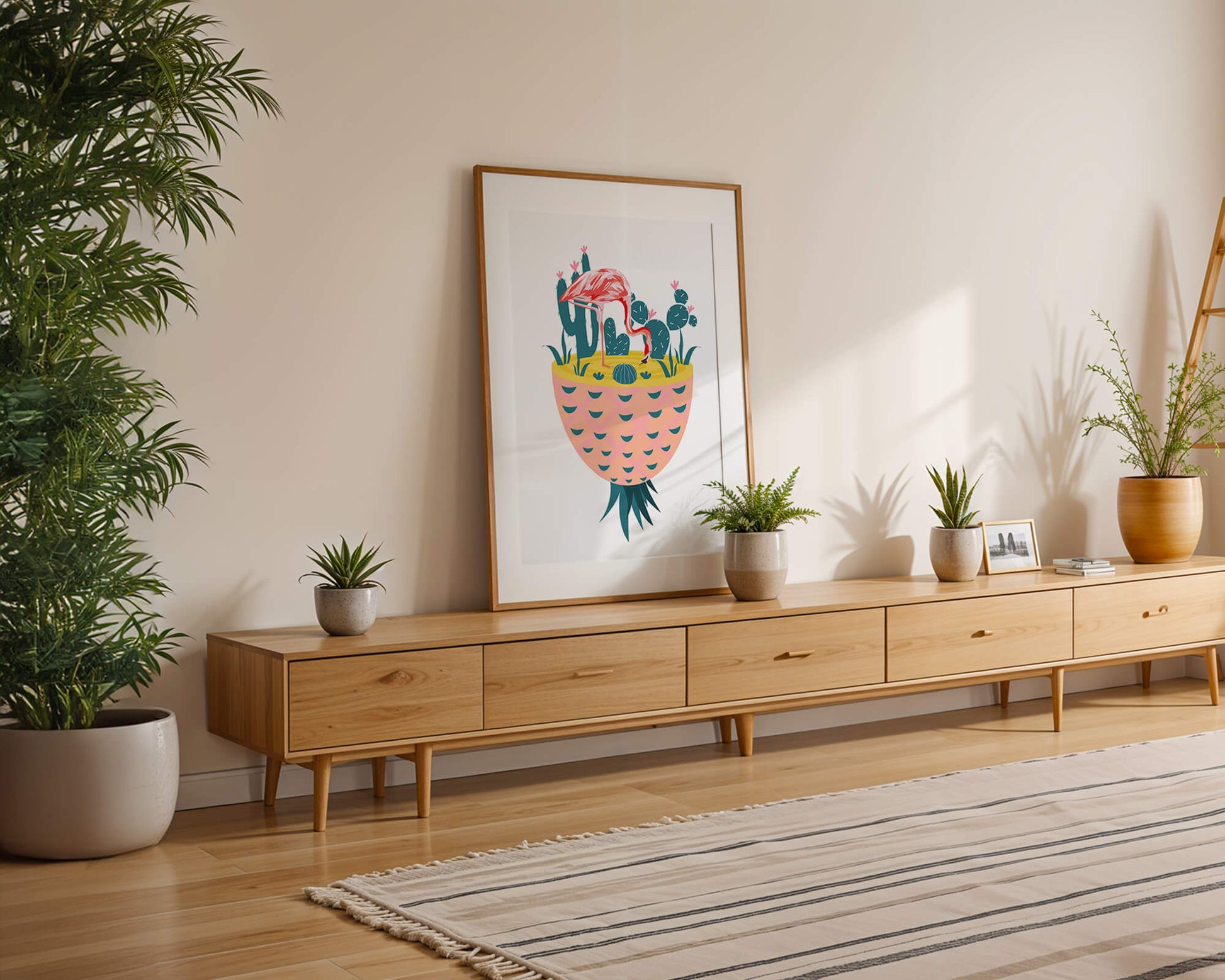 Ilustración de flamenco con cactus en jarrón de piña