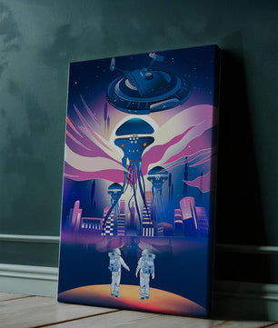 Futuristic Space City With Alien Creatures and Astronauts