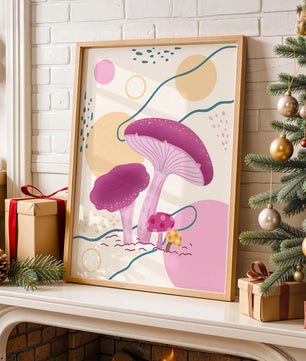 Champignons vibrants sur fond géométrique abstrait 