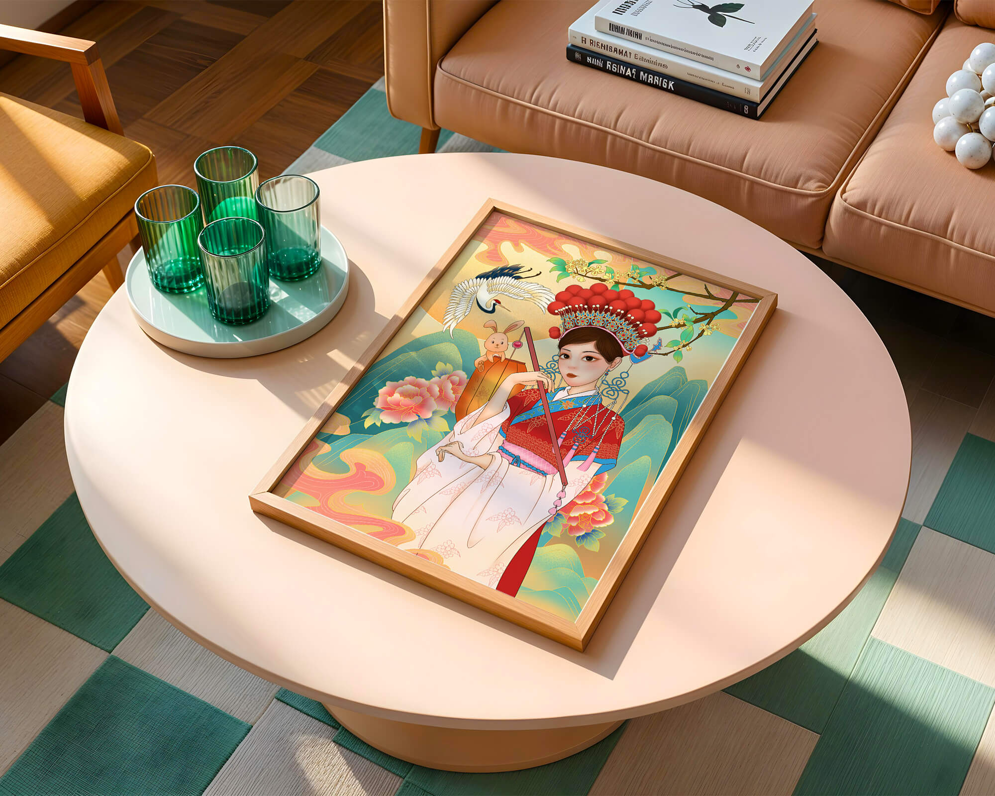 Elegant traditional Chinese illustration featuring a woman in vibrant attire with floral and animal motifs