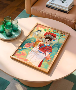 Elegante traditionelle chinesische Illustration mit einer Frau in lebendiger Kleidung mit Blumen- und Tiermotiven