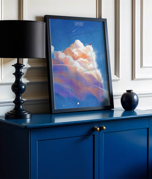 Whimsical illustration of superboy with dreamy cloudscape