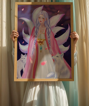 Fantasy art of ethereal figure with foxes and petals