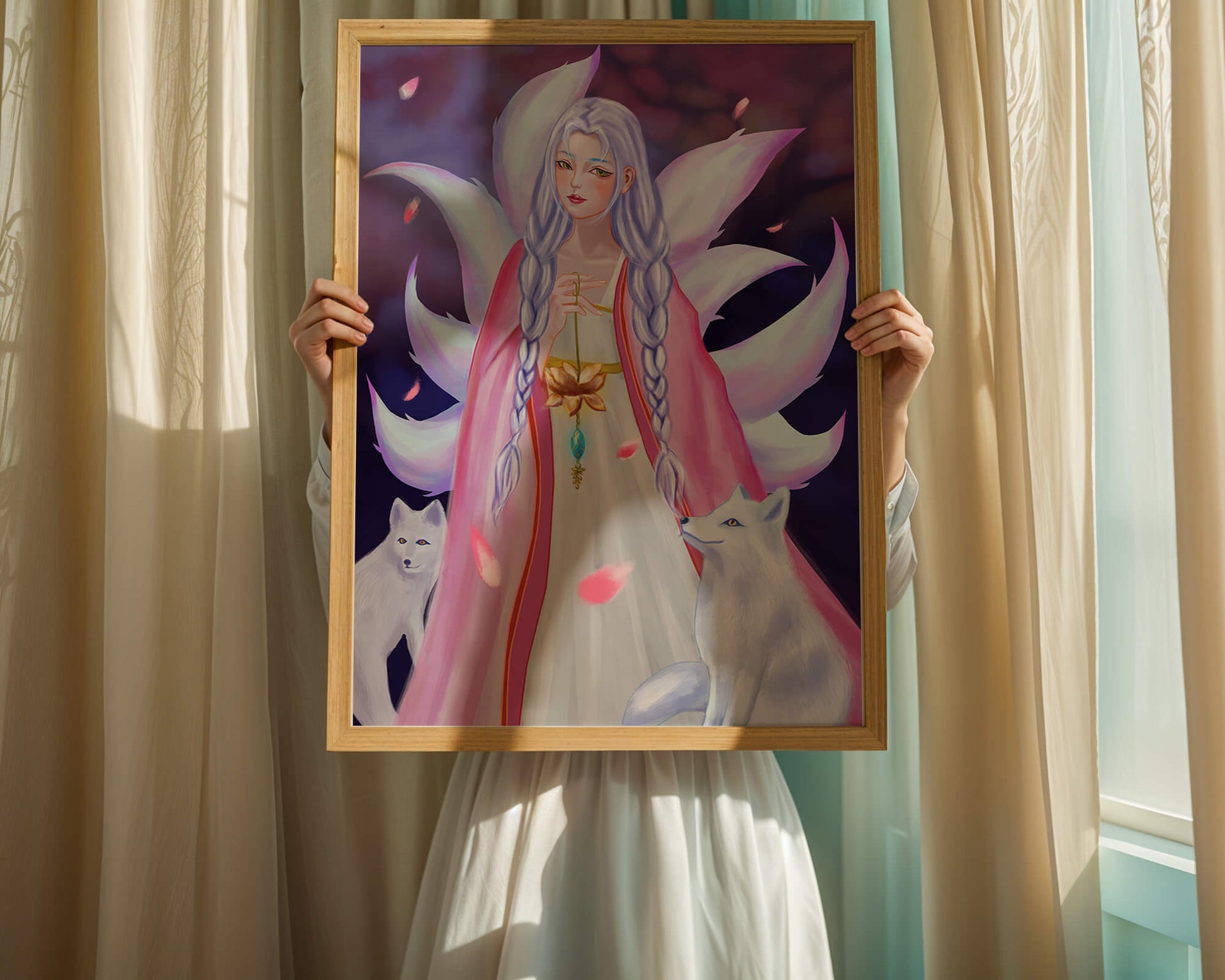 Fantasy art of ethereal figure with foxes and petals