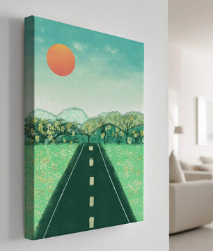 Serene Landscape with Road Leading to Sunset and Lush Greenery