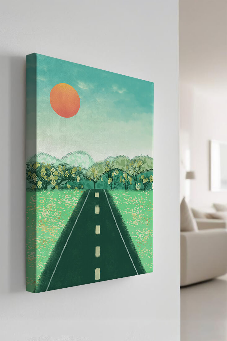 Serene Landscape with Road Leading to Sunset and Lush Greenery