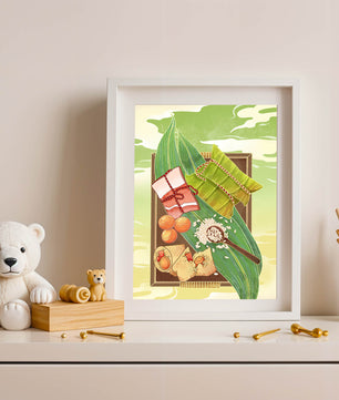 Traditional dumplings wrapped in leaves with ingredients on a vibrant background