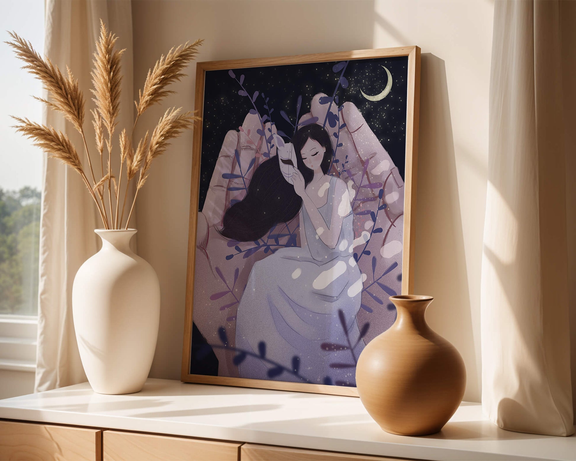 Un momento tierno bajo la luz de la luna con máscara y atmósfera onírica