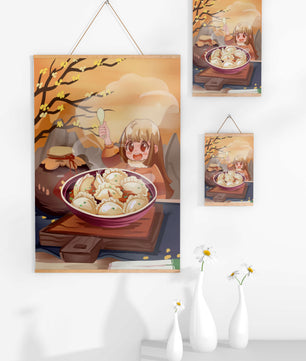 Comida de dumplings acogedora al aire libre en un entorno otoñal soleado con personaje alegre