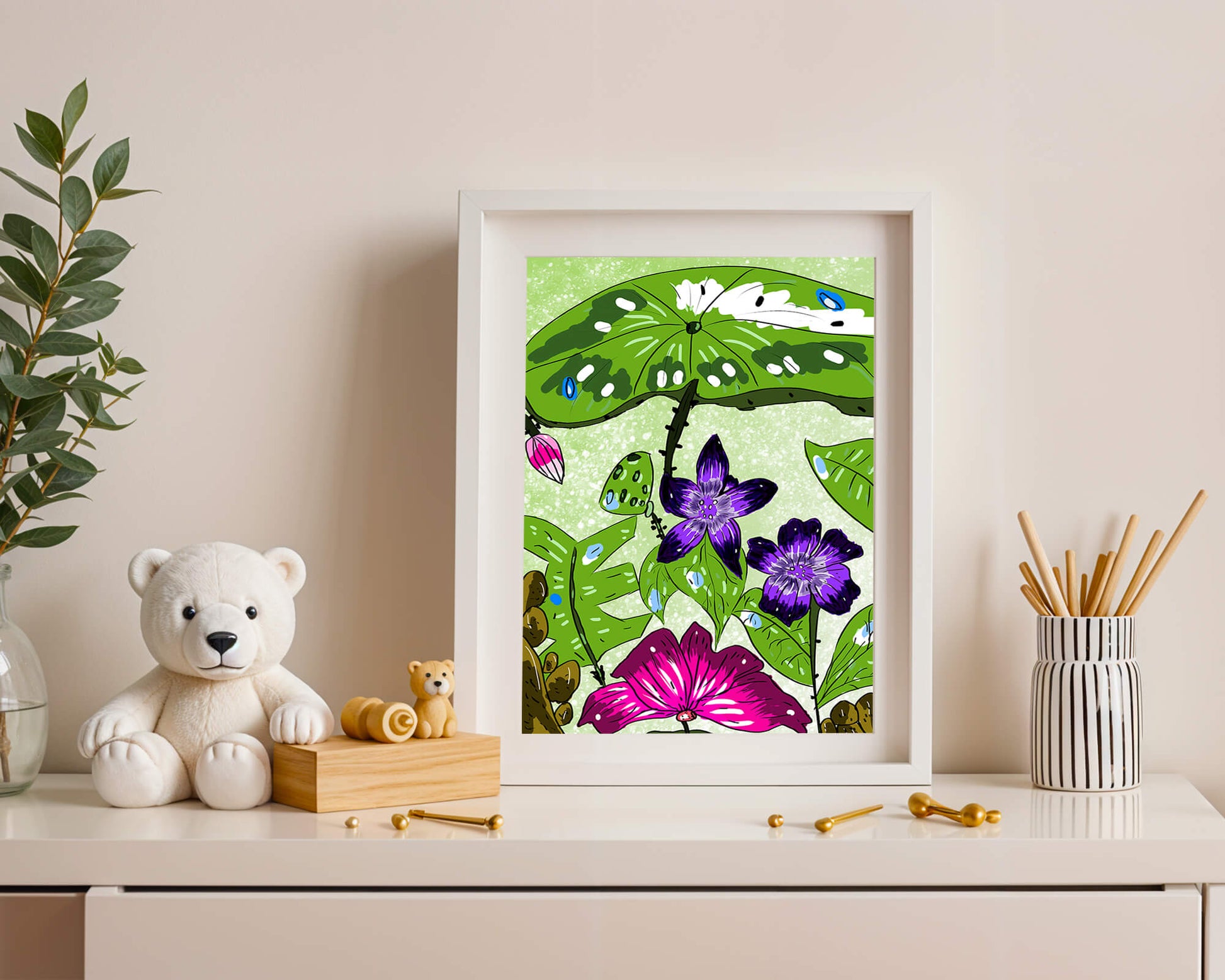 Bunte Blumenillustration mit exotischen Blumen und Blättern