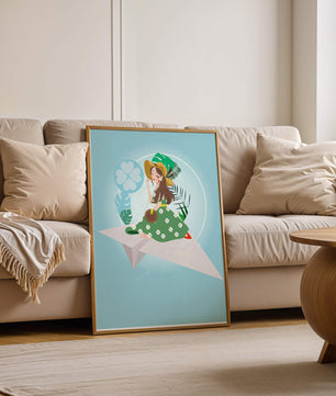 Mujer en un avión de papel con fondo de tema tropical