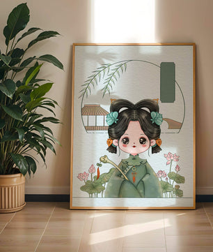 Charming illustration of a cute character in traditional Asian attire with floral elements
