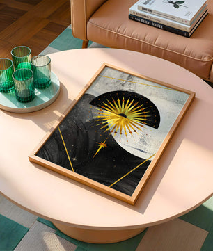 Abstract cosmic design featuring golden sunburst and celestial elements
