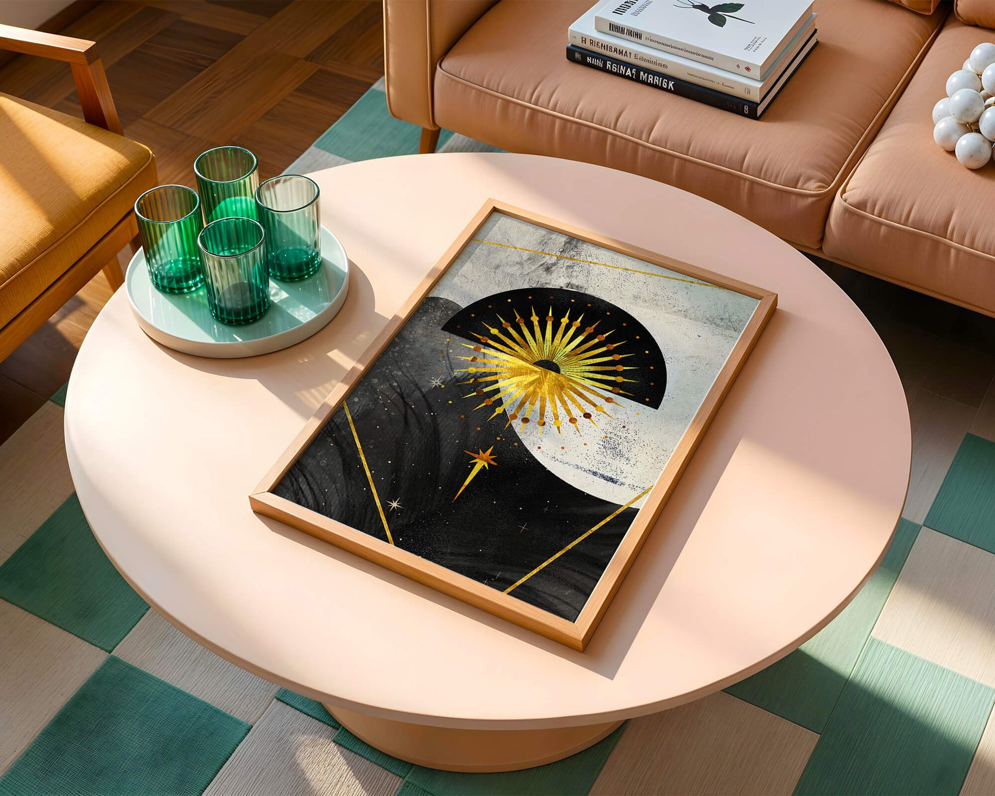 Abstract cosmic design featuring golden sunburst and celestial elements