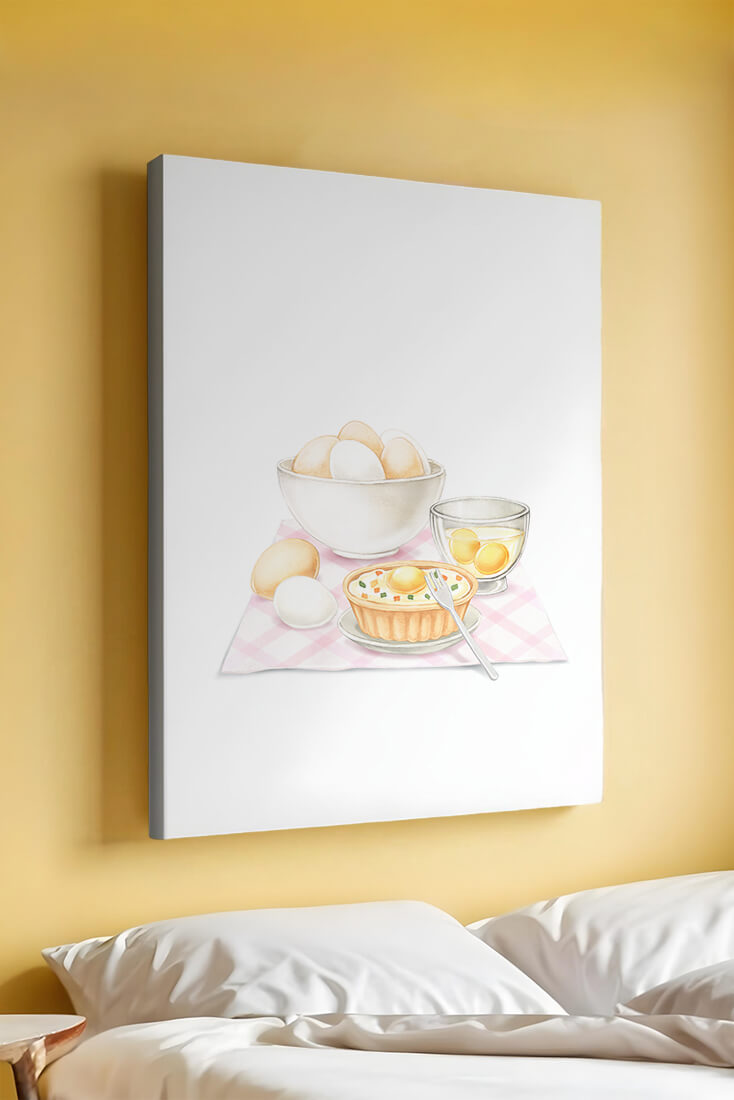 bowl of eggs and quiche on checkered cloth with fork in kitchen setting