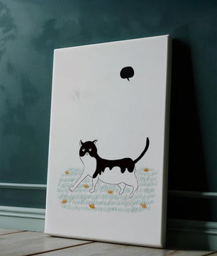 Whimsical cat illustration in field of flowers