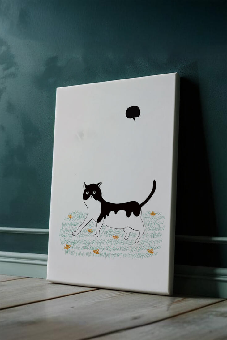 Whimsical cat illustration in field of flowers