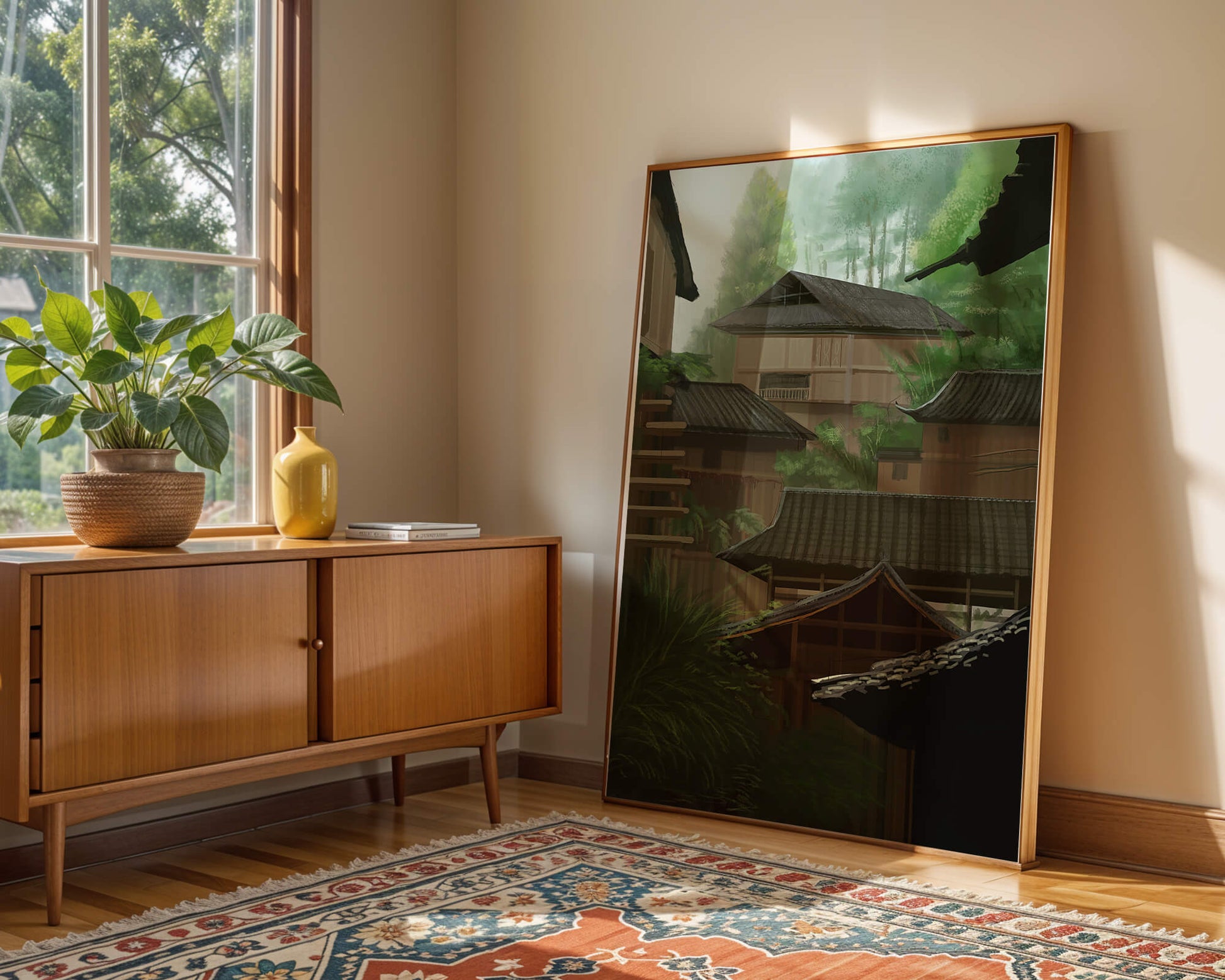 Traditional Japanese Architectural Scene with Lush Greenery
