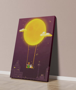 Whimsical night scene with a girl and a rabbit on a swing beneath a glowing moon