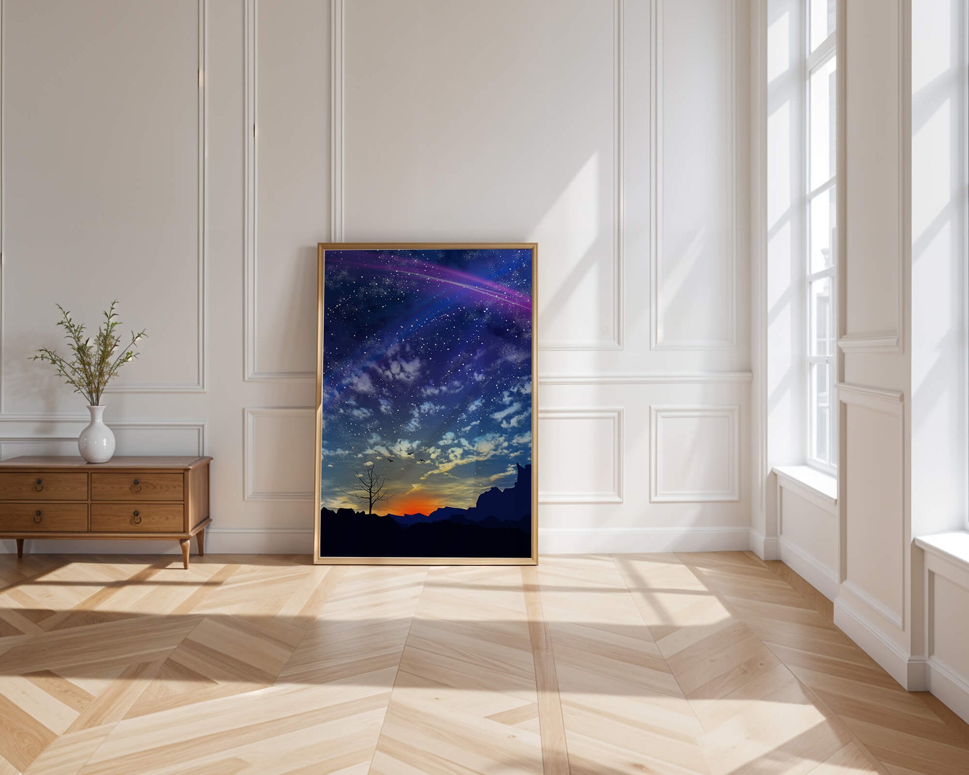 Starlit night sky with colorful sunset and silhouetted landscape