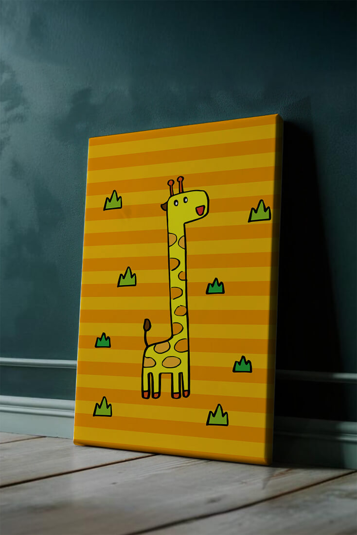 Bright cartoon giraffe illustration on a striped background
