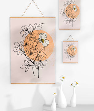 Ilustración floral minimalista con tonos pastel y fondos abstractos