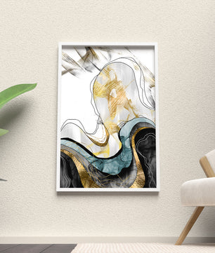 Arte abstracto con líneas fluidas y detalles dorados