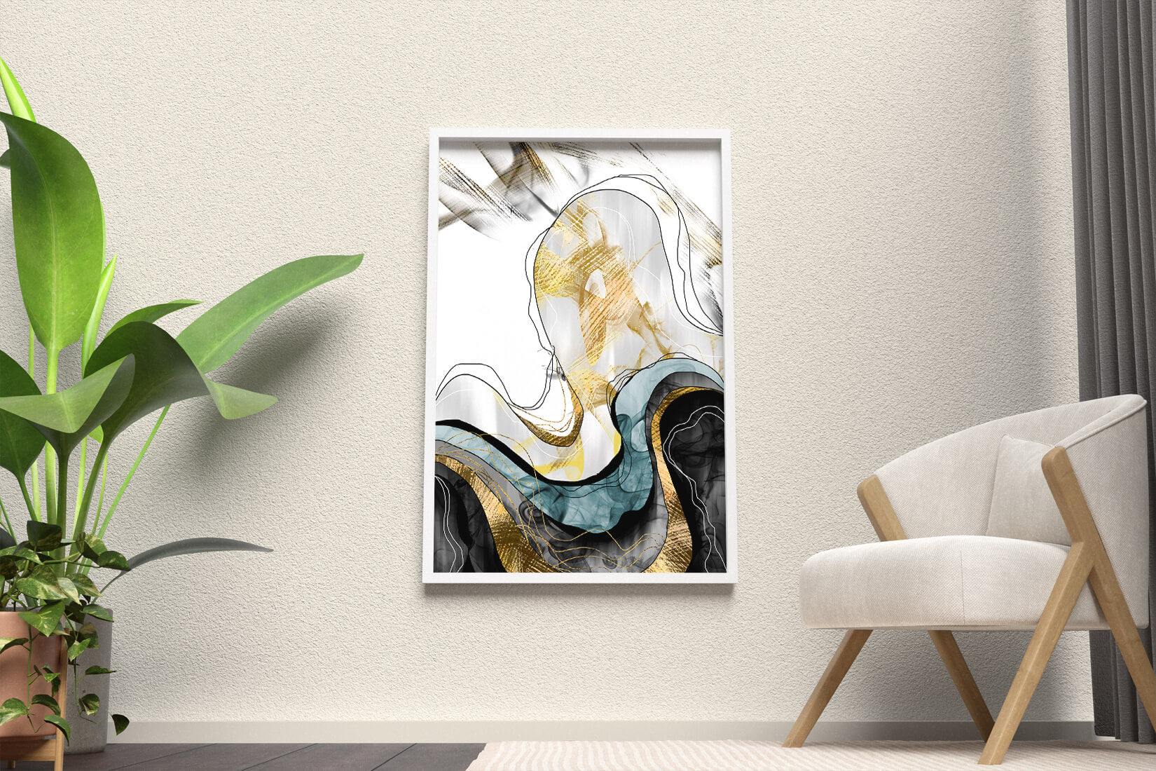 Arte abstracto con líneas fluidas y detalles dorados
