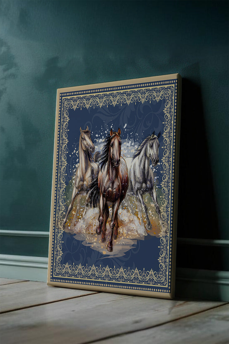 Running horses framed with elegant golden border on a blue background