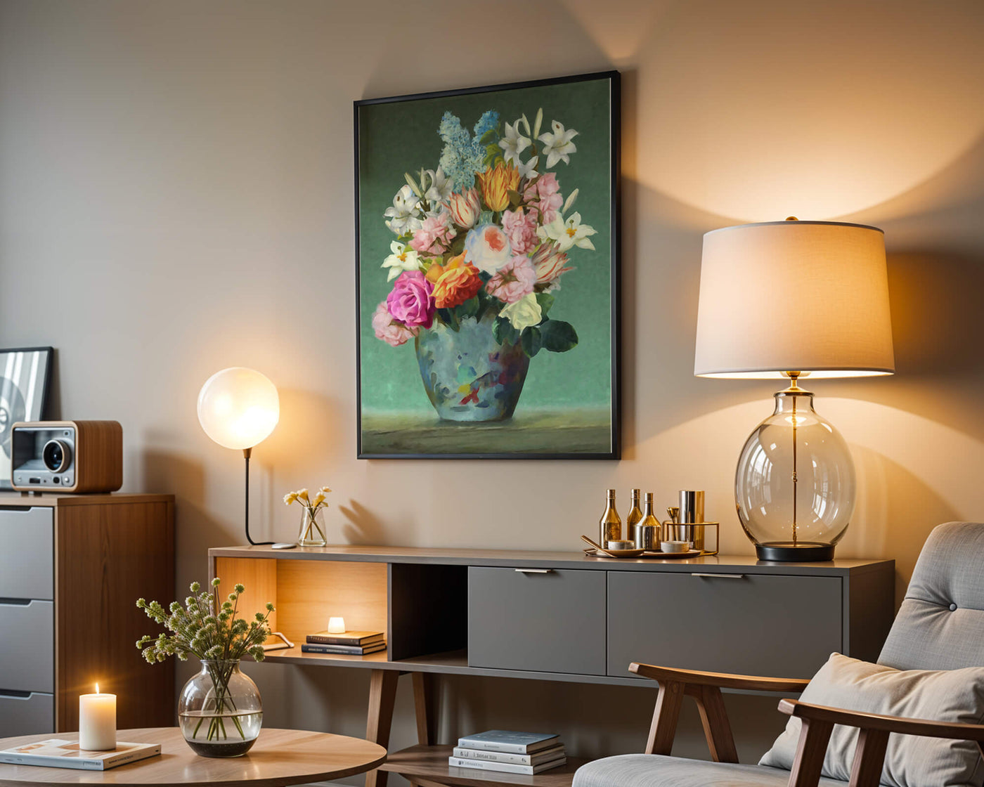 Floral arrangement in a decorative vase on a green background
