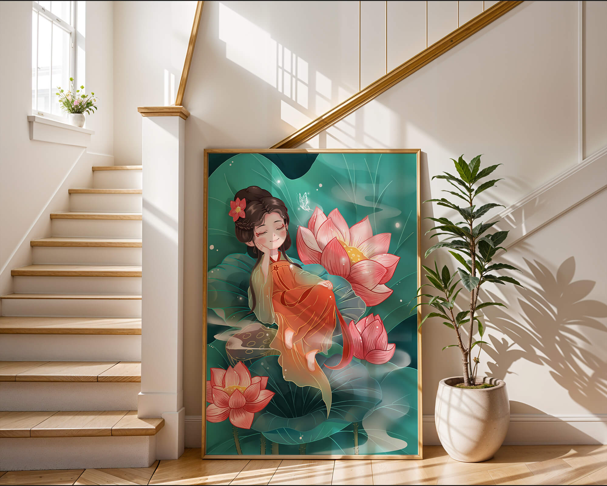 Charming illustration of a girl resting amidst lotus flowers