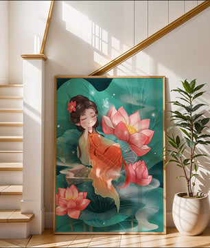 Charmante illustration d'une fille se reposant parmi des fleurs de lotus