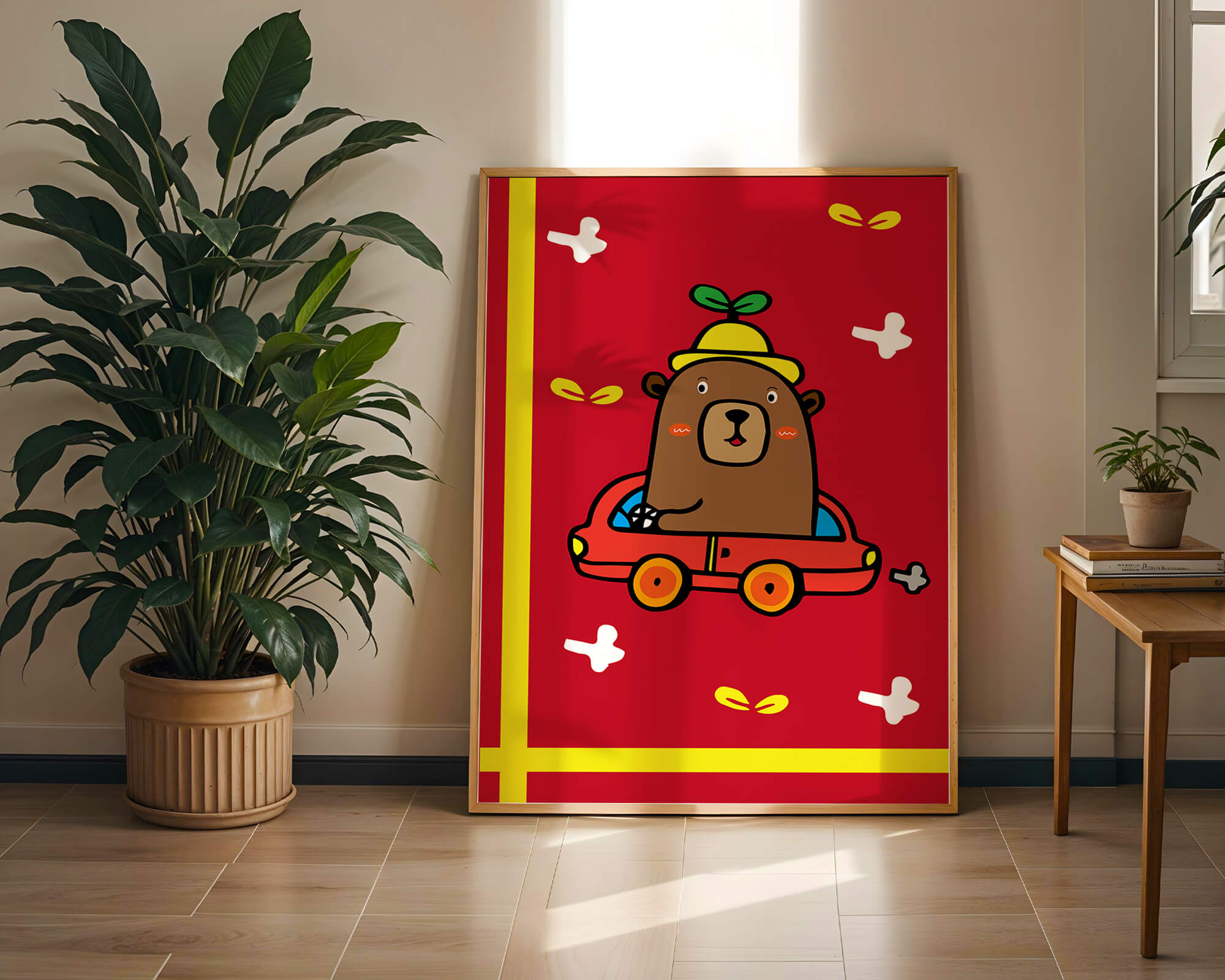 Whimsical bear driving a car on a bright red background