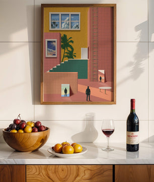 Surreale Architekturlandschaft mit tropischen Elementen und abstrakten Figuren