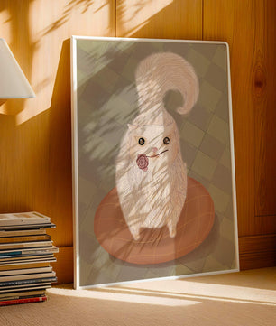 Illustration of fluffy cat with rose on a cushion
